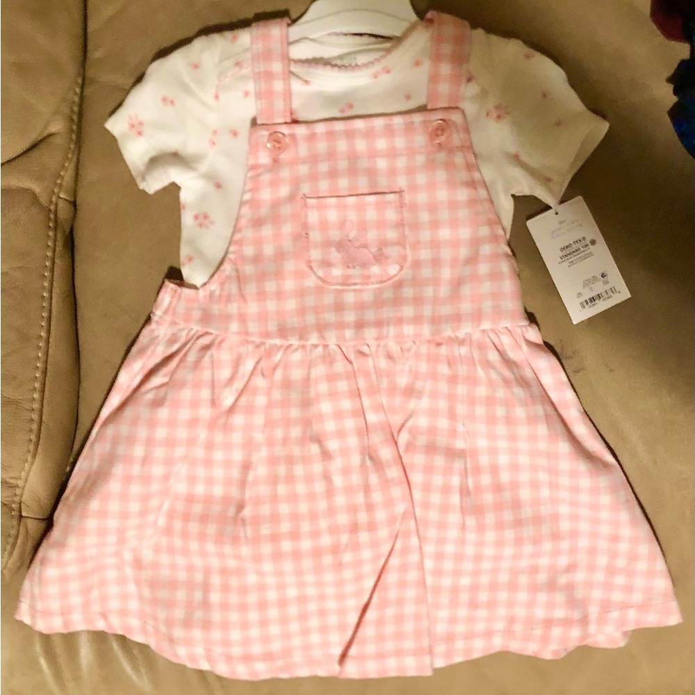 NWT. 2 piece (onesie & dress) overall style dress. Size:12 months Brand:Carters